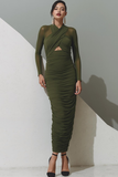 Olive Sheath Ruched Chiffon Long Evening Dress with Sleeves