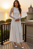 White Lace A Line Boat Neck Maxi Formal Dress