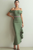 Olive Mermaid Ruffled Maxi Evening Dress with Beading