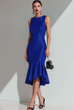 Sparkly Sequin Royal Blue Mermaid Boat Neck Midi Evening Dress