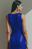 Sparkly Sequin Royal Blue Mermaid Boat Neck Midi Evening Dress
