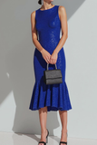 Sparkly Sequin Royal Blue Mermaid Boat Neck Midi Evening Dress
