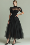 White High Neck A Line Long Tulle Bridal Shower Dress with Pockets