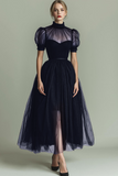 Black High Neck A Line Long Evening Dress with Pockets