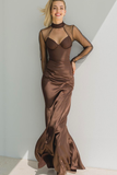 Brown Satin High Neck Maxi Formal Dress with Sleeves