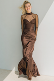 Brown Satin High Neck Maxi Formal Dress with Sleeves