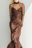 Brown Satin High Neck Maxi Formal Dress with Sleeves