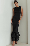 Black Mermaid Round Neck Long Formal Dress with Ruffles