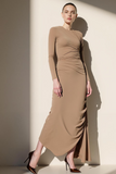 Brown Chiffon Round Neck Long Formal Dress with Sleeves