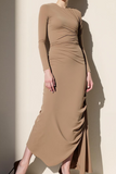 Brown Chiffon Round Neck Long Formal Dress with Sleeves