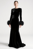 Black Mermaid Velvet Long Holiday Party Dress with Feather