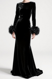 Black Mermaid Velvet Long Holiday Party Dress with Feather