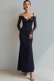 Black A Line Cold Shoulder Long Formal Dress with Lace