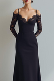 Black A Line Cold Shoulder Long Formal Dress with Lace