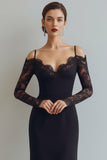 Black A Line Cold Shoulder Long Formal Dress with Lace