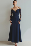 Black A Line Cold Shoulder Long Formal Dress with Lace