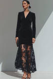 Black V Neck Velvet Long Holiday Party Dress with Lace