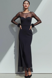 Black Illusion Neck Sheath Chiffon Long Formal Dress