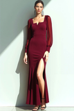 Cabernet Mermaid Sheer Sleeves Long Formal Dress with Slit