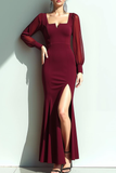 Cabernet Mermaid Sheer Sleeves Long Formal Dress with Slit