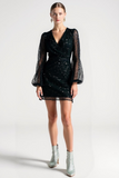 Sparkly Black Tight V-Neck Sequin Short Cocktail Dress with Sleeves