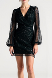 Sparkly Black Tight V-Neck Sequin Short Cocktail Dress with Sleeves