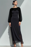 Black Boat Neck Sheath Chiffon Long Formal Dress with Sleeves