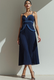 Navy A Line Pleated Spaghetti Straps Long Formal Dress