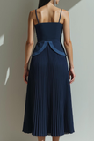 Navy A Line Pleated Spaghetti Straps Long Formal Dress