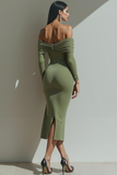 Olive Mermaid Off the Shoulder Maxi Evening Dress with Sleeves