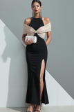 White Black Patchwork Mermaid Long Formal Dress with Slit