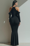 Black Mermaid Maxi Evening Dress with Sleeves