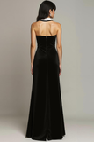 Black White Velvet Long Formal Dress with Slit