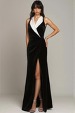 Black White Velvet Long Formal Dress with Slit