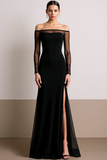 Black Off the Shoulder Chiffon Long Formal Dress with Sleeves