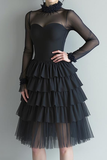 Black Tulle Tiered High Neck Midi Evening Dress with Sleeves