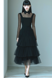 Black Collar Neck A Line Tulle Long Tiered Formal Dress with Sleeves
