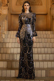 Sparkly Black Golden Mermaid Sequins Long Sleeves Mother of the Bride Dress