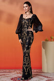 Sparkly Black Golden Sheath Maxi Mother of the Bride Dress with Sequins