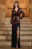 Sparkly Black Sheath V-Neck Floral Mother of the Bride Dress with Fringes