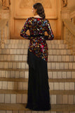 Sparkly Black Sheath V-Neck Floral Mother of the Bride Dress with Fringes