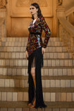 Sparkly Black Sheath V-Neck Floral Mother of the Bride Dress with Fringes