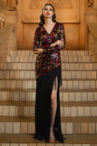 Sparkly Black Sheath V-Neck Floral Mother of the Bride Dress with Fringes