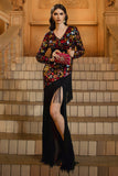 Sparkly Black Sheath V-Neck Floral Mother of the Bride Dress with Fringes