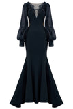 Black Mermaid Illusion Boat Neck Long Mother of the Bride Dress with Appliques