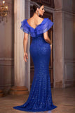 Sparkly Royal Blue Mermaid Sequins Long Mother of the Bride Dress with Ruffles