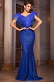 Sparkly Royal Blue Mermaid Sequins Long Mother of the Bride Dress with Ruffles