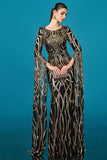 Sparkly Black Golden Boat Neck Mermaid Mother of the Bride Dress with Cape