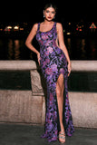 Sparkly Purple Mermaid Floral Scoop Long Prom Dress with Slit