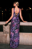 Sparkly Purple Mermaid Floral Scoop Long Prom Dress with Slit